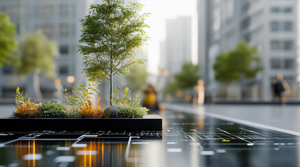 Aufkleber - futuristic cityscape featuring greenery and urban design elements