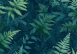 © Kitty - Seamless pattern of ferns, leaves, and plants in a dark green color on a navy blue background