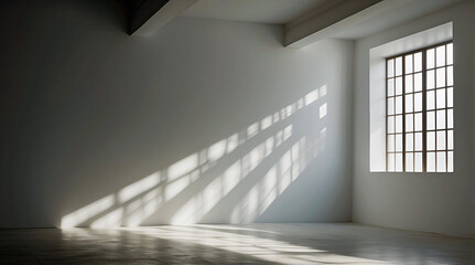 Wall Mural - Minimalist Sunlit Room With Large Grid Window Casting Geometric Shadows On Smooth White Walls And Floor Creating A Serene Ambience