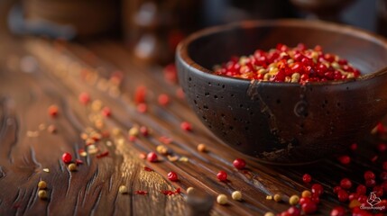 Canvas Print - Rustic wooden bowl filled with colorful peppercorns on a textured surface