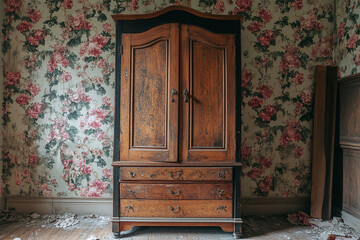 Wall Mural - An antique armoire showing wear patterns and weathered wood, contrasting with deteriorating floral wallpaper in empty victorian room.