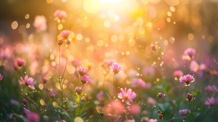 Wall Mural - pink wildflowers in a meadow with golden sunlight and bokeh