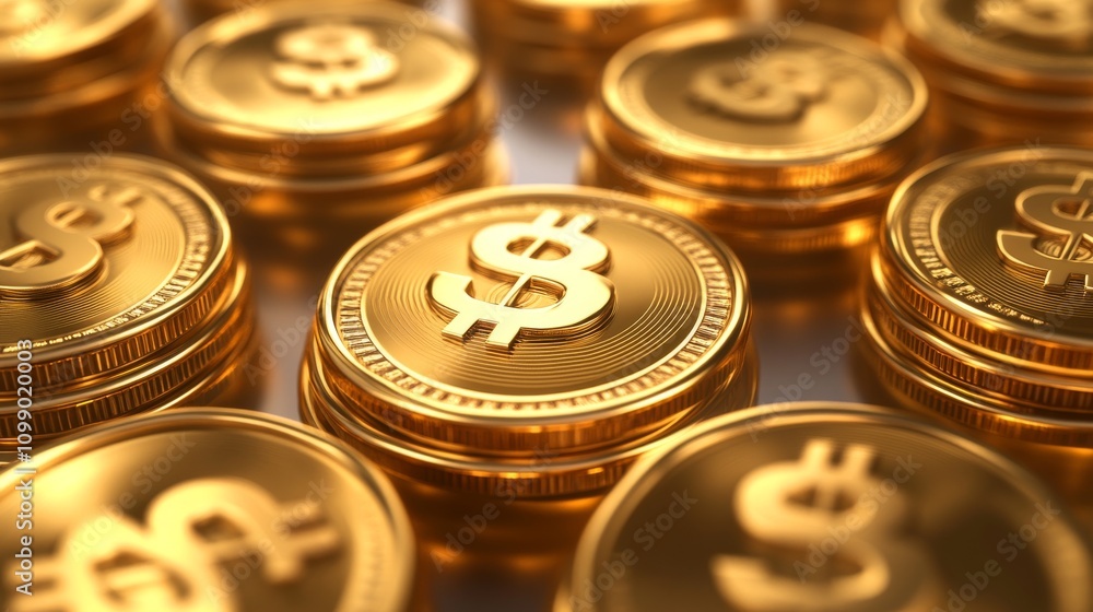62.A 3D vector illustration of a set of golden dollar coins viewed from ...