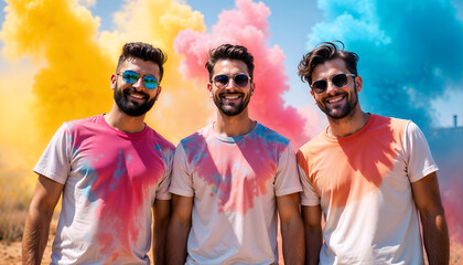 Friends in white t-shirts enjoying the vibrant festival of Holi with colorful powder splashes. 