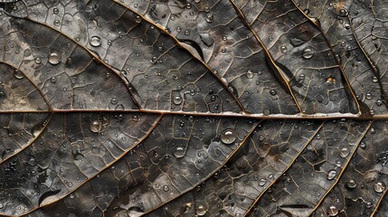 Wall Mural - close up of a wet, dark leaf with water drops and veins.