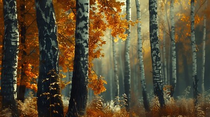 Wall Mural - A forest scene with sunlight shining through the trees.