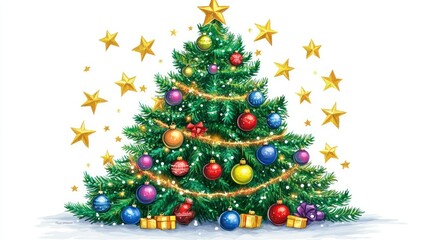 Wall Mural - festive christmas tree with colorful baubles and golden stars