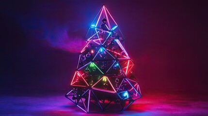 Wall Mural - futuristic christmas tree with neon lights and geometric ornaments
