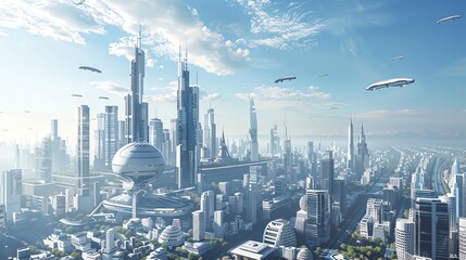 Wall Mural - Futuristic cityscape with flying cars and hovering buildings.