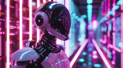 Wall Mural - a futuristic robot standing in a neon-lit hallway.