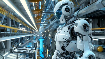 Wall Mural - a futuristic white robot stands in a high-tech industrial setting.