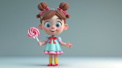 Wall Mural - A 3D cartoon of a little girl with brown hair wearing a blue dress and holding a red and white lollipop.