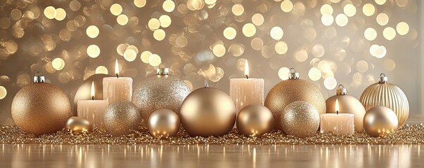 Wall Mural - Festive Gold Christmas Ornaments Candles Bokeh Lights Background