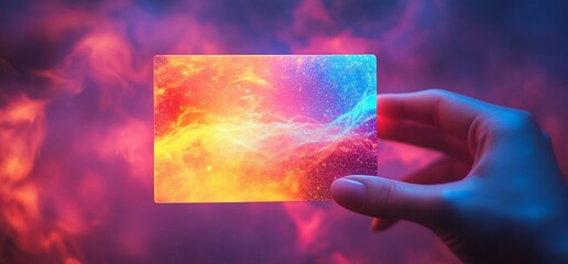 Wall Mural - Hand holding a card with vibrant, abstract, cosmic nebula design.