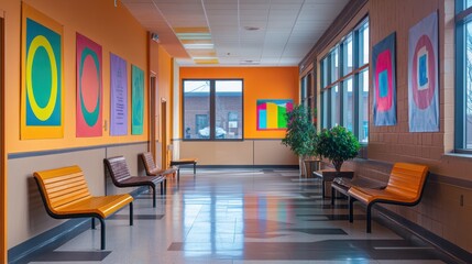 Wall Mural - Bright hallway with seating.