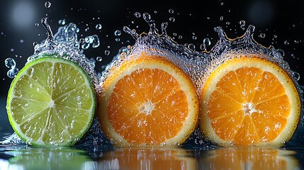 Wall Mural - Fresh citrus fruits splash in water, showcasing vibrant colors and refreshing droplets against a dark background.