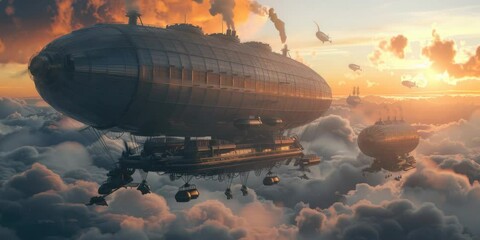 Wall Mural - retro-futuristic dirigibles bustling with steam-powered engines, navigating a sunset-filled sky, 4k 