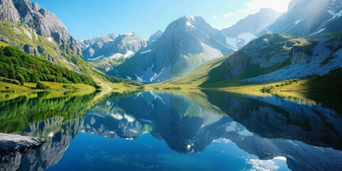 Poster - Rocky cliffs reflecting in a crystal-clear mountain lake, tranquil scenery 4K . Video