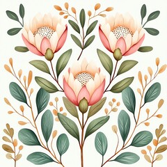 Wall Mural - whimsical cute water color beautiful floral pattern with pink flowers.