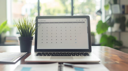 Wall Mural - business schedule calendar display on screen of a laptop on the table in modern office