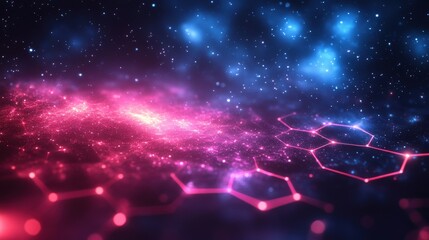 Wall Mural - A vibrant cosmic scene with glowing particles and hexagonal patterns.