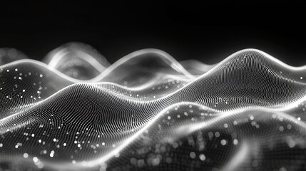 Wall Mural - Abstract representation of waves with glowing particles in a dark setting.