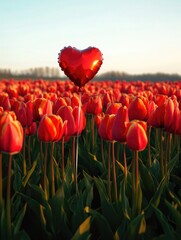 Canvas Print - Tulip Field with Heart Shaped Balloon