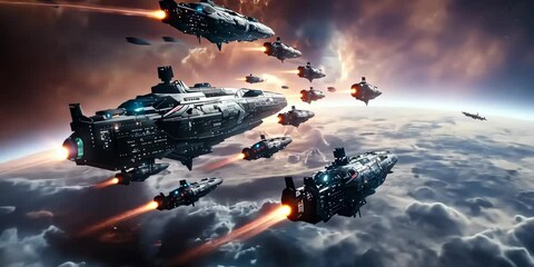 Wall Mural - epic confrontation of alien fleets amid shimmering cosmic dust clouds, 4k video