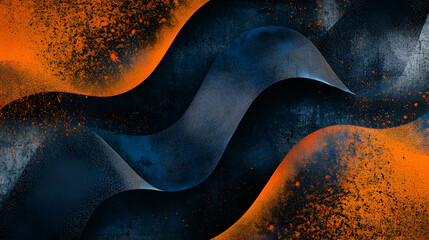 Wall Mural - Grainy blue, orange, and black gradient background with abstract wave shapes and noise texture, perfect for a modern poster design