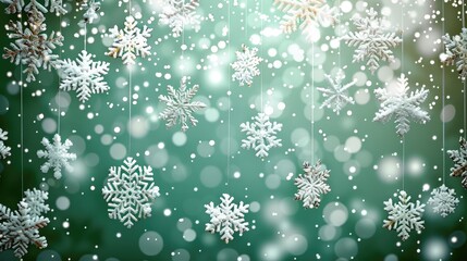 Aufkleber - Green background with white snowflakes, festive and warm atmosphere. The green color adds coolness, while the delicate texture of the falling snowflake creates an elegant visual effect.