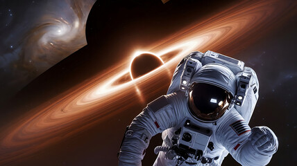 Astronaut Floating in Space Against a Glowing Black Hole with Radiant Accretion Disk, astronaut, space exploration, black hole, astronaut and blackhole
