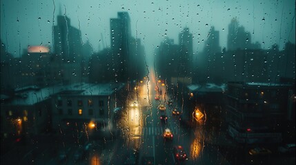 Wall Mural - City rain, dark ambient, eerie horror, looking through a window.