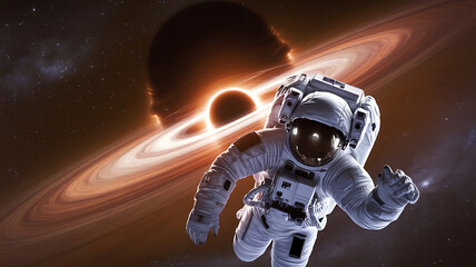 Astronaut Floating in Space Against a Glowing Black Hole with Radiant Accretion Disk, astronaut, space exploration, black hole, astronaut and blackhole