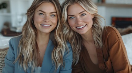 Aufkleber - Two women wearing business blue and brown clothes, smile and look intently at a laptop in a white cozy home.