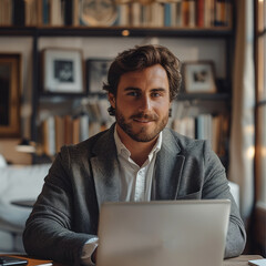 Wall Mural - A man in an office setting, sitting at his desk with a laptop open on the table and looking content after watching educational videos online.