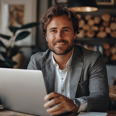 Aufkleber - A man in an office setting, sitting at his desk with a laptop open on the table and looking content after watching educational videos online.
