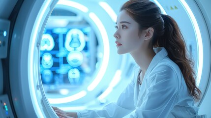 Poster - A highly focused medical professional analyzing brain scan data on a high-resolution screen, surrounded by an elegant, futuristic lab setting. The atmosphere is illuminated by cool white lights.