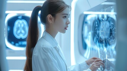 Poster - A highly focused medical professional analyzing brain scan data on a high-resolution screen, surrounded by an elegant, futuristic lab setting. The atmosphere is illuminated by cool white lights.