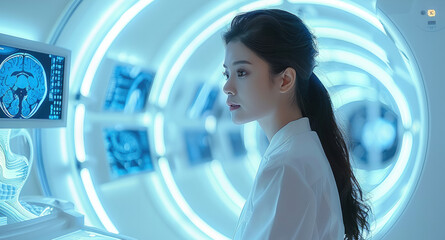 Poster - A highly focused medical professional analyzing brain scan data on a high-resolution screen, surrounded by an elegant, futuristic lab setting. The atmosphere is illuminated by cool white lights.