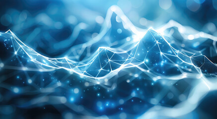 Poster - Abstract light blue complex network graph with light blue edges and light blue nodes, light background.
