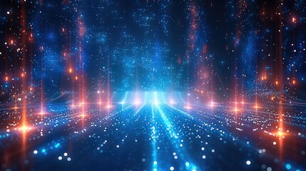 Poster - Blue background with glowing lines and stars, data flow concept. Abstract digital technology illustration of futuristic space with light streaks and vertical streams.