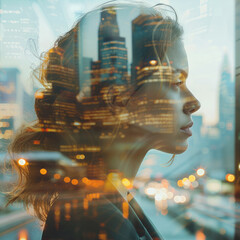 Leinwandbilder - Portrait of a female Social Worker wearing a business casual outfit, seamlessly blended in a double exposure over the face with a subway background.