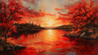 © sasisom - A tranquil lake reflecting the vibrant red of autumn leaves and the warm glow of a setting sun.