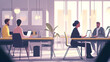 © waqas - A colorful illustration of a minimalist office with an individual working at a desk, featuring potted plants and natural lighting from large windows.
