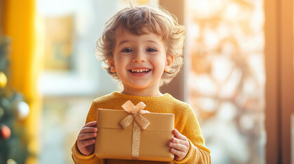 Wall Mural - Joyful child holding a gift in a bright indoor setting, celebrating a special occasion with a wide smile and excitement.