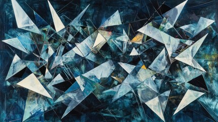 Poster - Abstract painting with overlapping, translucent triangles in shades of blue, white, and black.