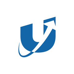 Wall Mural - this is a logo design of a slanted blocked uppercase letter u in blue color with a white arrow hadin