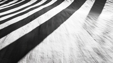 Wall Mural - Abstract black and white image of parallel lines casting shadows on a textured surface, creating a dynamic visual effect.