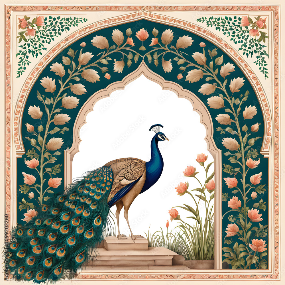 Traditional Mughal Pichwai Art Elegant Mughal Garden with Peacock Arch ...