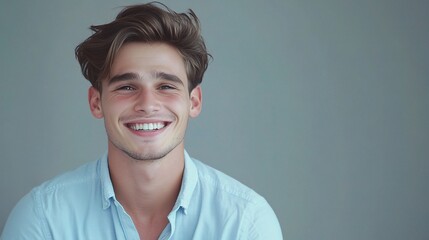 Wall Mural - Young Man Smiling in Light Blue Shirt with Radiant Expression